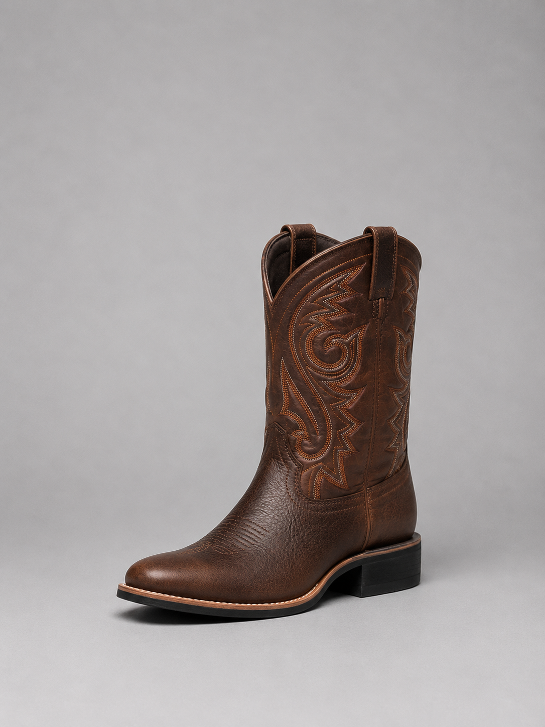 Brown embroidered leather cowboy Boots, front view