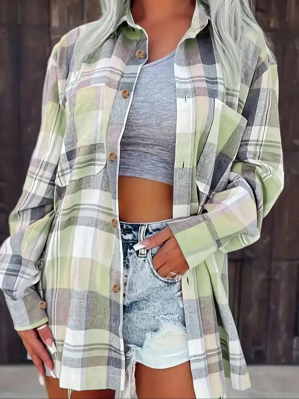 Green Plaid Hooded Flannel Cardigan