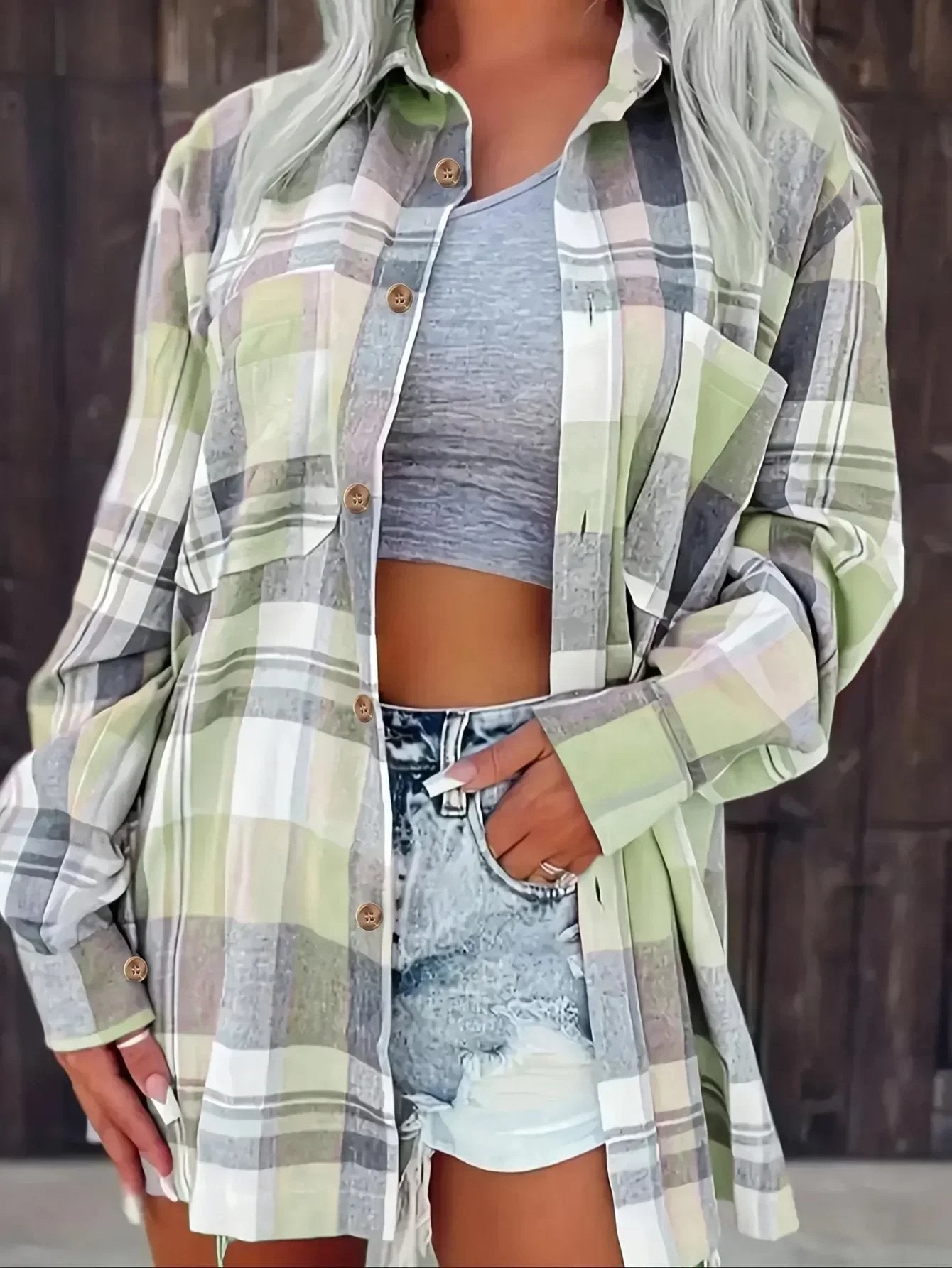 Green Plaid Hooded Flannel Cardigan
