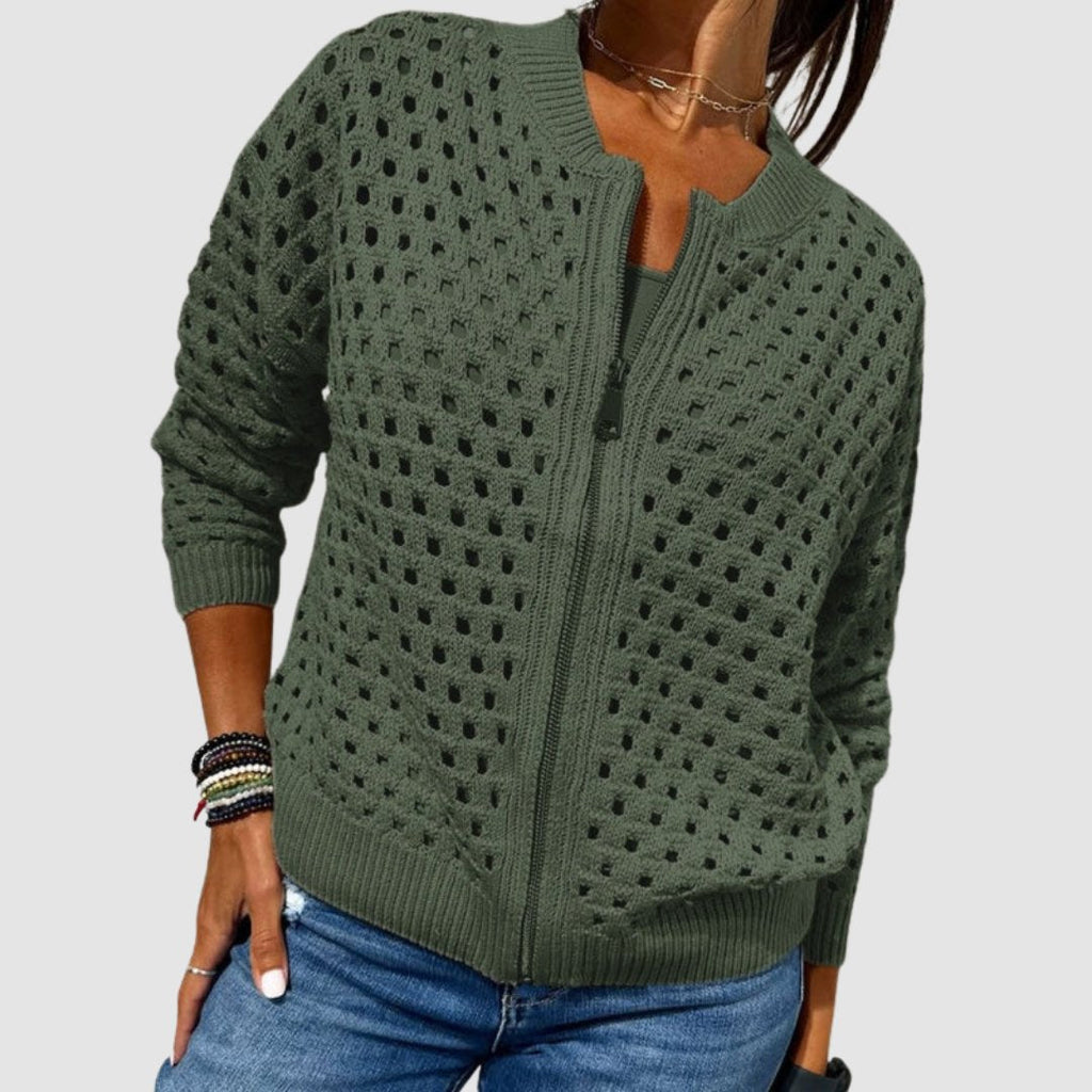 Beige Hollow-Knit Zip-Up Cardigan