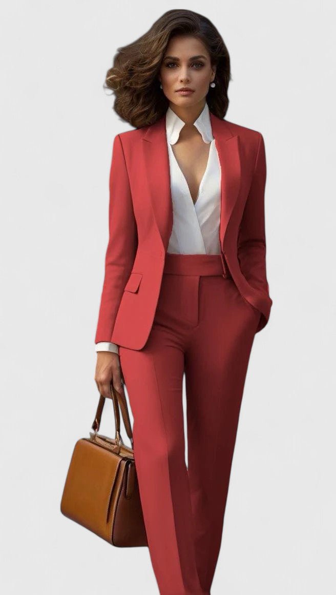 Coral tailored lapel blazer suit co-ord set, front view