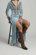 Light Brown western fringe embroidered Formal Dress