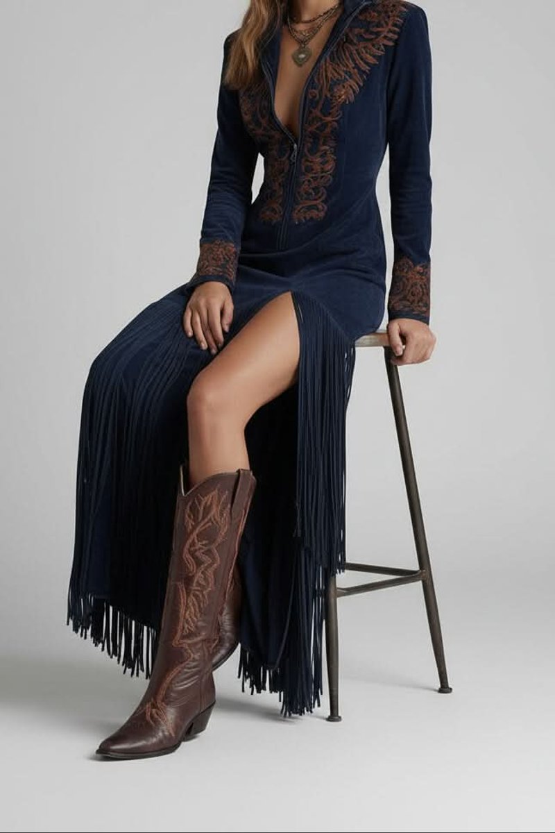 Blue western fringe embroidered Formal Dress, front view