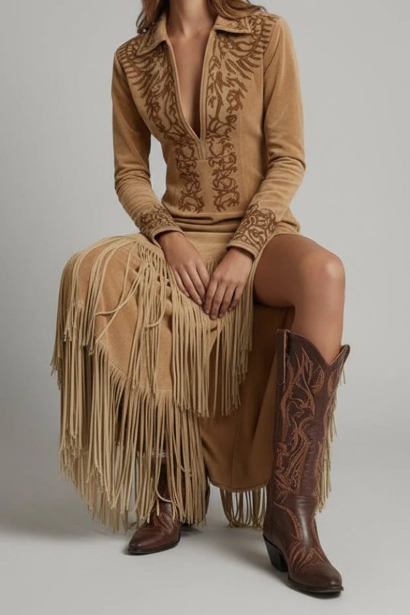 Navy Blue western fringe embroidered Formal Dress