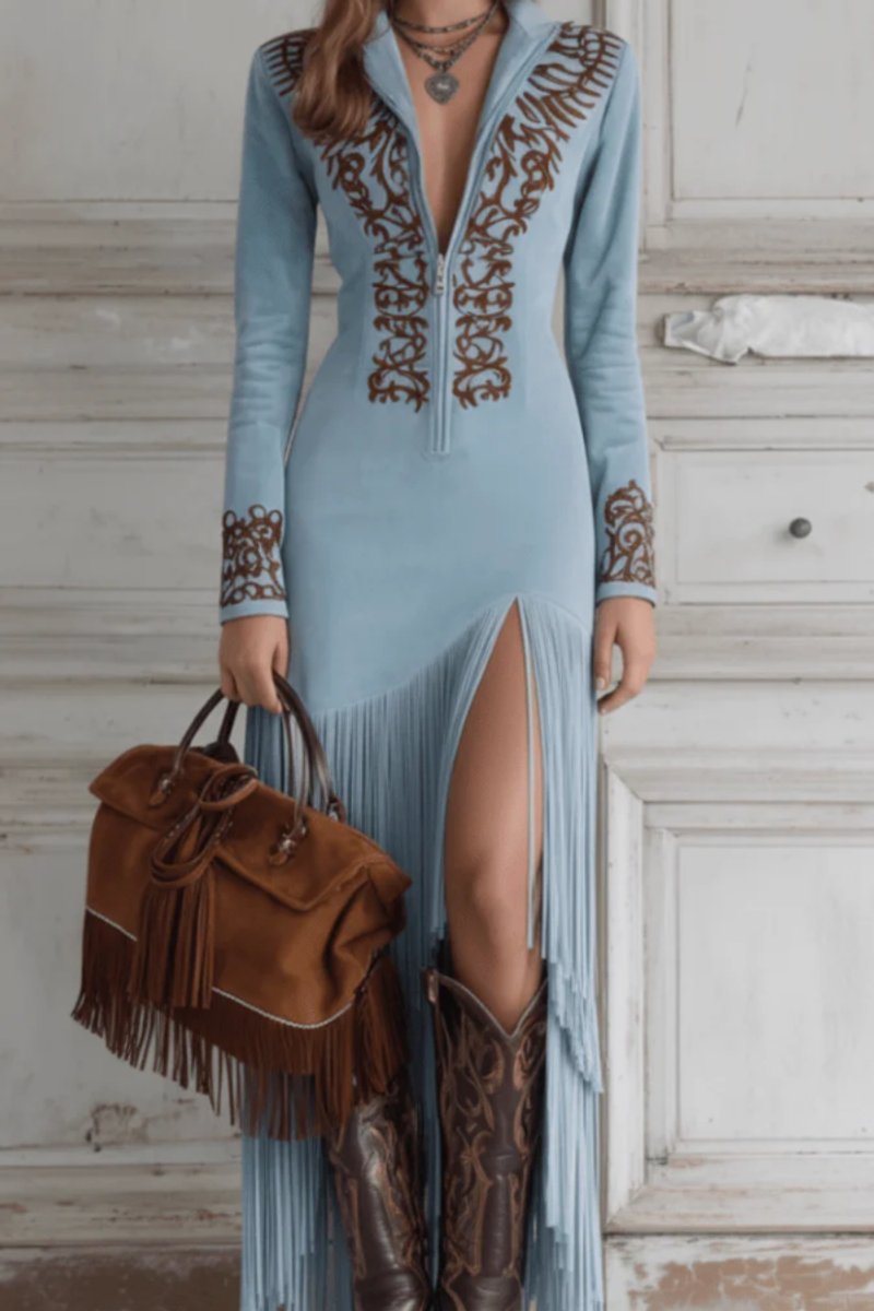 Light Brown western fringe embroidered Formal Dress
