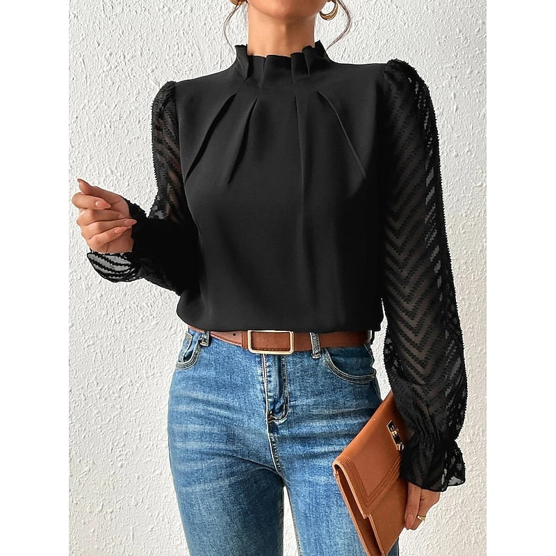 Black High-Neck Pleated Blouse, front view
