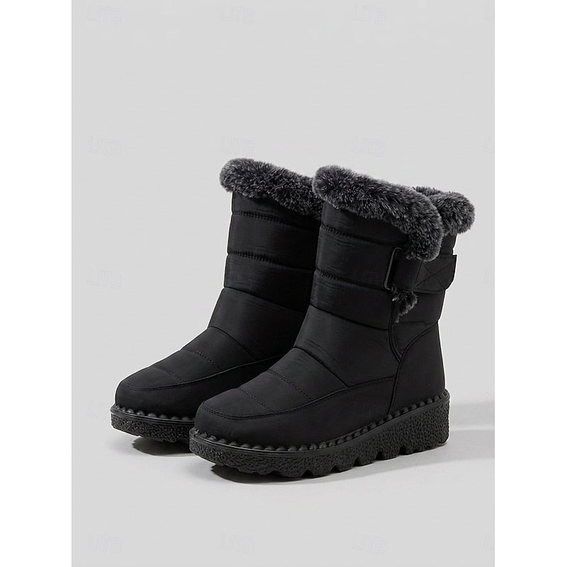 Black fur-trimmed winter snow Boots, front view