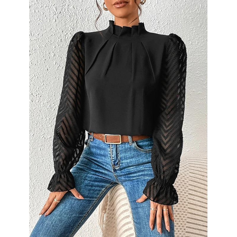 Black High-Neck Pleated Blouse