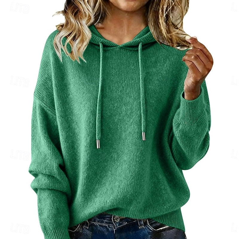 Green relaxed hooded knit sweater, front view
